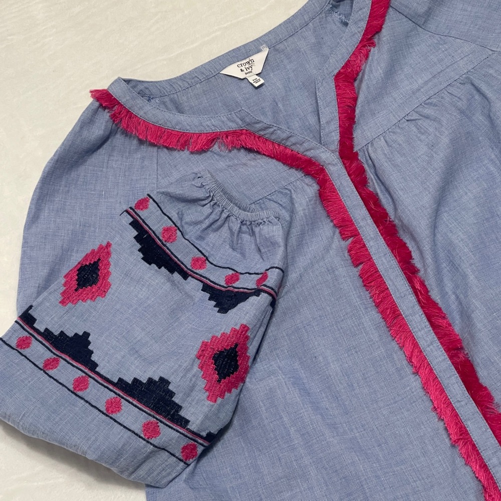 Crown & Ivy Petite Medium Blue Cotton Embroidered Fringe Boho Peasant Blouse Top - Picture 1 of 9